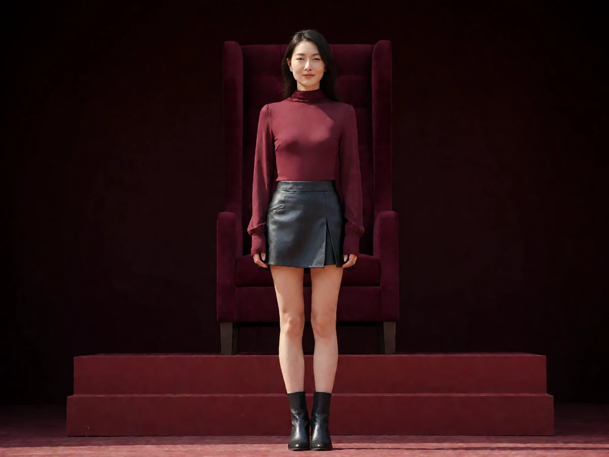 sm网站女王登场图，成年女性穿酒红上衣与黑色皮革短裙站在聚光灯前
