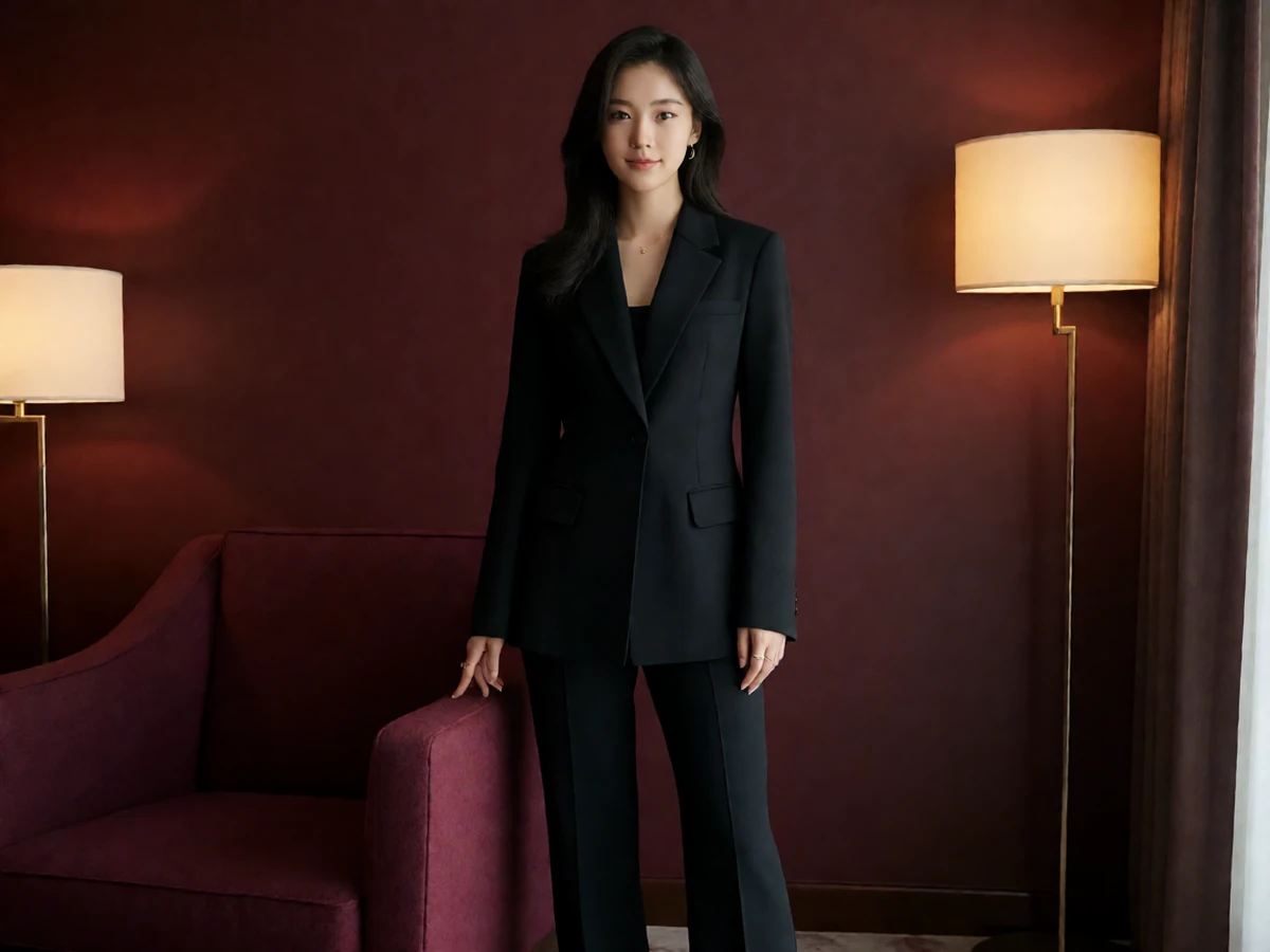 sm网站剧情关系图，成年女性穿黑色西装站在深色会客厅的高背椅边