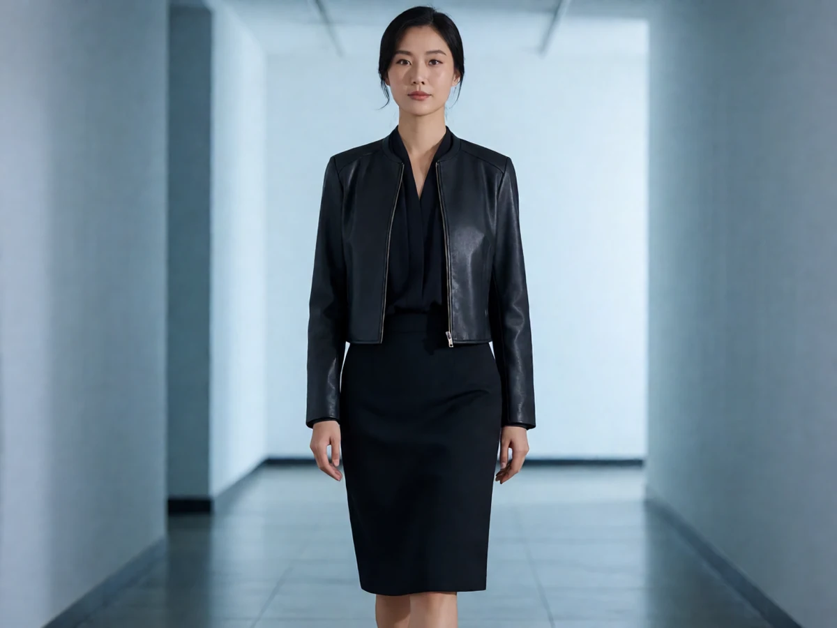 sm网站日式女王图，成年女性穿黑色夹克与短裙站在冷光走廊
