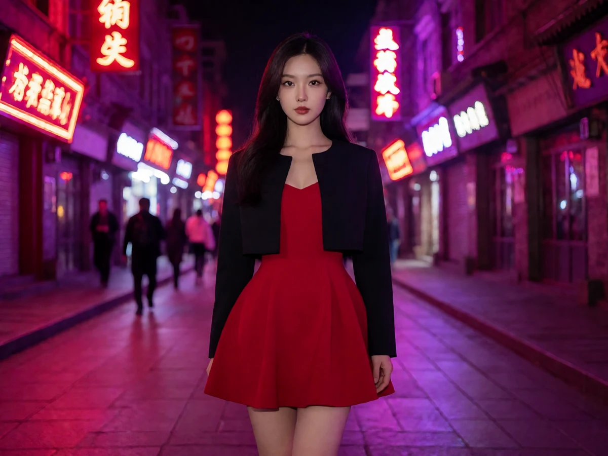 sm网站华语都市图，成年女性穿红色短裙与黑色外套站在霓虹街口