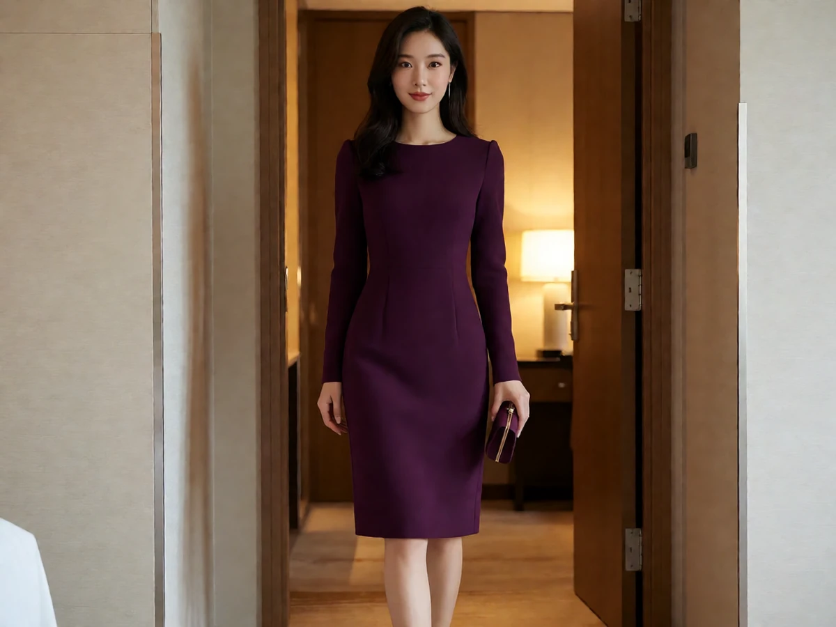 sm网站酒店角色图，成年女性穿深色连衣裙站在暖光酒店门边