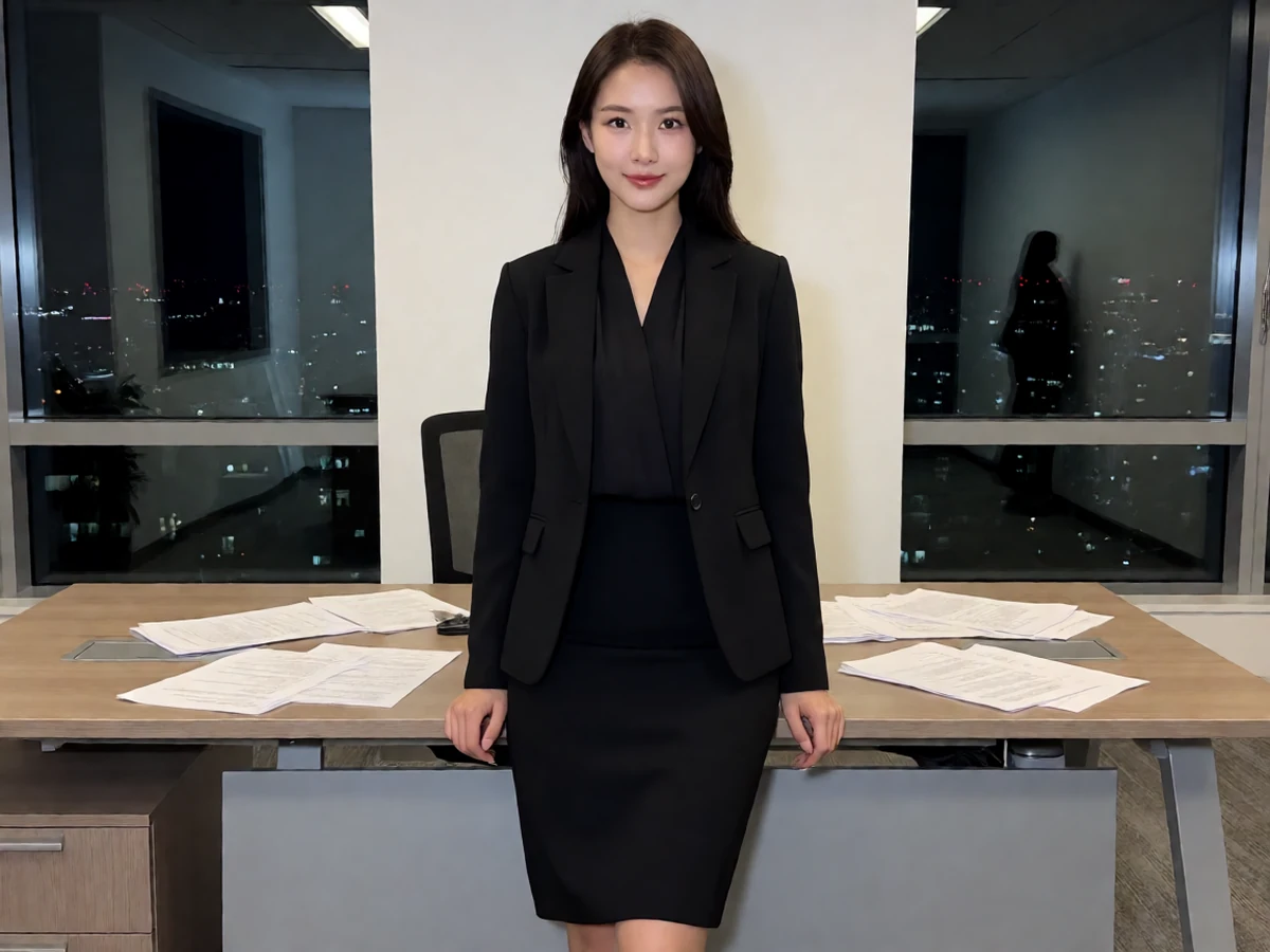 sm网站办公室角色图，成年女性穿黑色西装外套站在夜间办公室桌旁